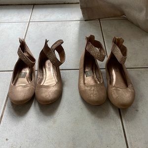 two pairs of nine west shoes (USA 1, USA 2), rose gold, diamanté ankle straps.